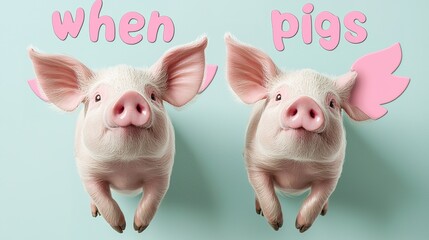 Obraz premium Whimsical scene of two cute pigs with pink angel wings playful atmosphere joyful concept gigapixel standard scale