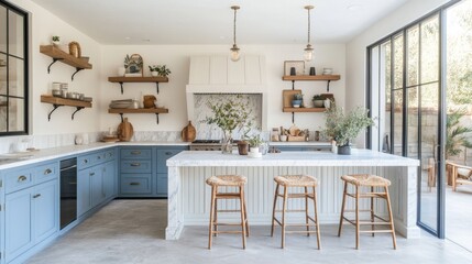 Interior of modern kitchen with white walls, concrete floor, blue countertops and cupboards, marble bar with stools and white mock up wall on the left. 3d rendering