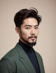 Confident Korean man with a neat beard, striking a pose