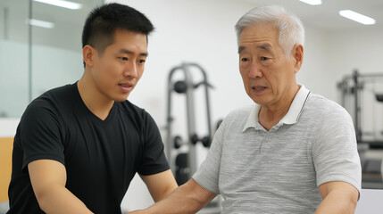 Obraz premium Young physiotherapist helps elderly man with stretching exercises in wellness center, focusing on mobility and strength improvement