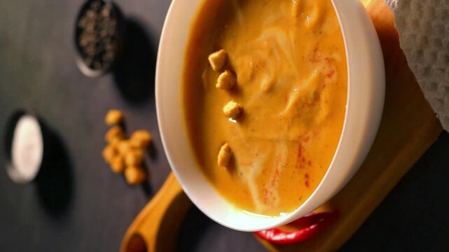 Woman adding rusks to pumpkin soup. Tasty homemade food. Served table with bowl of cream soup, chili pepper on wooden tray.