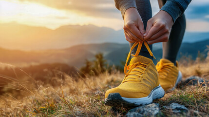 A person ties their shoelaces on a mountain trail, surrounded by stunning sunset views and nature, wearing vibrant yellow running shoes.