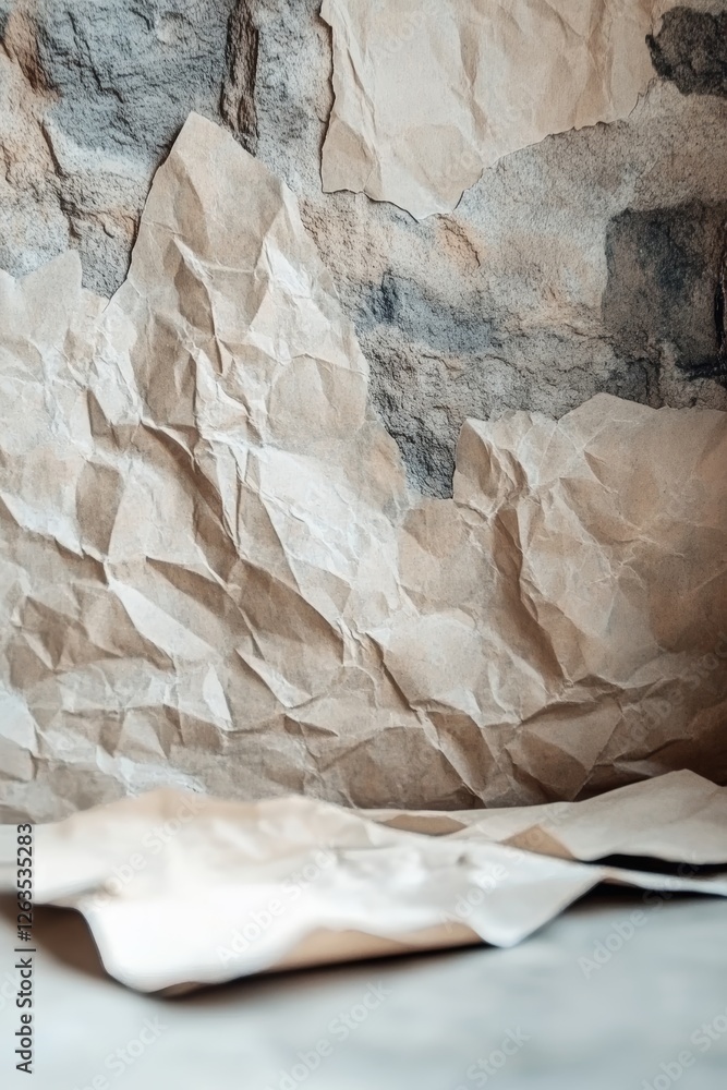 Poster empty beige crumpled paper texture background with copy space for text, abstract background