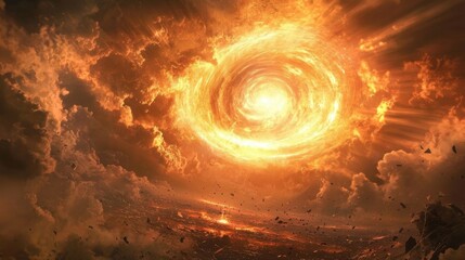 A powerful whirlpool of light and energy dominates the sky, surrounded by dark, swirling clouds and beams of sunlight. The scene exudes energy and celestial beauty