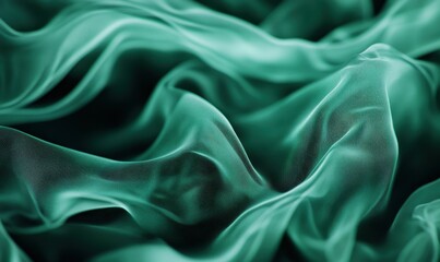 Abstract close-up of silky fabric in vibrant emerald green, with delicate folds and shimmering textures