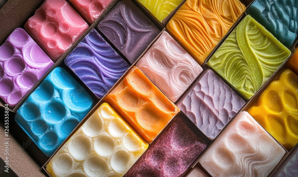 Poster artisan soap bars displayed in a box, with vibrant colors and unique patterns showcasing the craft o