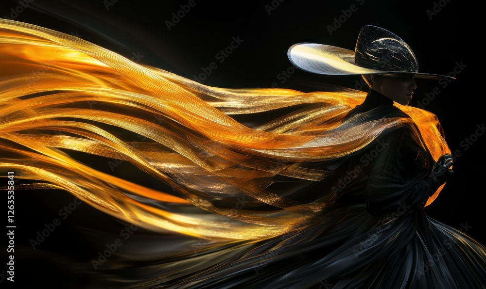 Poster abstract golden light trails creating dynamic shapes and patterns against a deep black background, s
