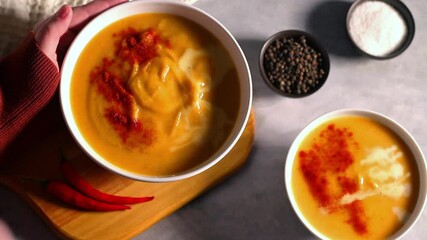 Woman tasting pumpkin soup. Cream soup with paprika spices. Eating soup with spoon. Served table with homemade food. Vegetable soup for vegan. - Powered by Adobe