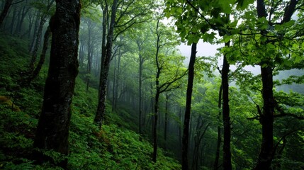Obraz premium A peaceful forest filled with tall trees and vibrant green foliage, shrouded in mist during early morning hours, creating a serene atmosphere for nature lovers