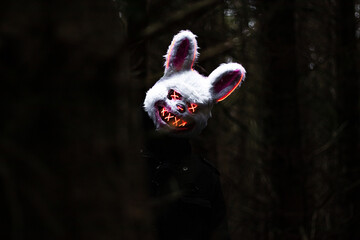 Terrifying LED Bunny Mask Figure Lurking in Dark Forest - Halloween Nightmare