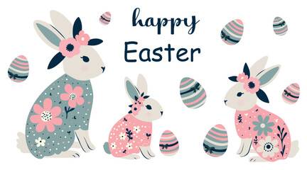 Happy Easter elements collection, cute holiday bunnies, eggs and flowers. Vector illustration in pastel colors
