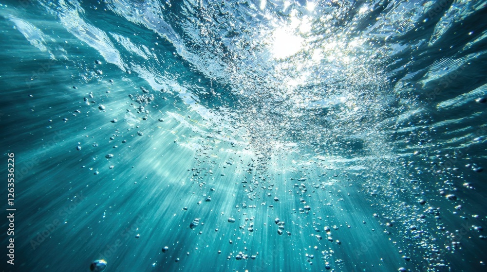 Poster bubbles ascend toward the surface in a vibrant underwater setting. sunlight filters through, creatin