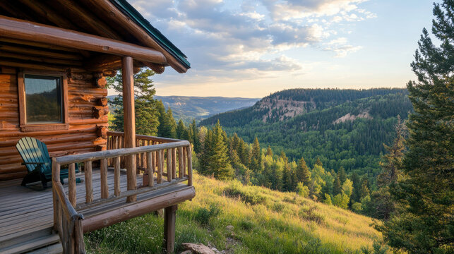 rustic log cabin with wooden deck overlooks lush, forested valley with rolling hills in background. warm sunlight casts golden glow on landscape, creating peaceful and serene atmosphere