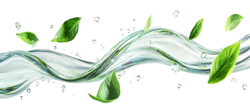 3d water splash with green tea or mint leaves isolated on transparent background png render. Abstract liquid wave curve fluid flow with leaf for menthol drink or mouthwash Ad banner. 3D illustration