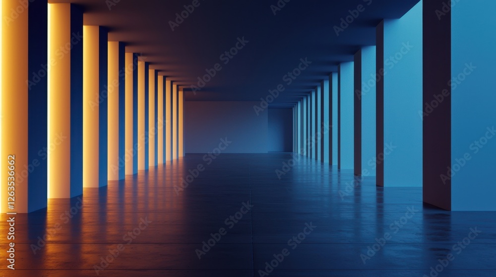 Poster a large, modern interior space features columns illuminated in contrasting warm and cool tones. the 