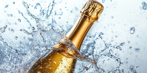 A golden sparkling wine bottle elegantly spills over, its effervescence dancing against a muted backdrop. Centered and tilting right, it captures the essence of celebration and joy