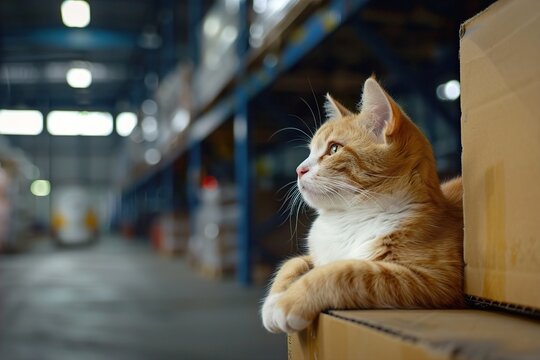 A contemplative orange tabby cat rests on cardboard boxes in a warehouse, illuminated by soft, ambient light. Feline Nap in Industrial Warehouse