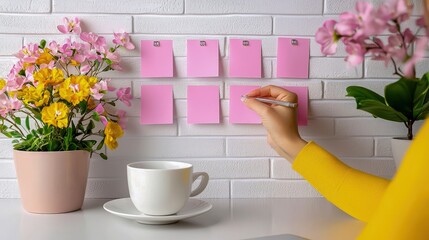 A cozy workspace featuring pink sticky notes on a white wall, a cup of coffee, and vibrant flowers, creating a bright and inviting atmosphere.