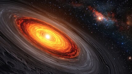 A vibrant protoplanetary disk surrounds a bright young star, showcasing swirling gas and dust illuminated by intense light. This cosmic phenomenon illustrates the birth of a solar system