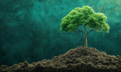 Stock market graph shaped like a tree growing from a pile of soil, symbolizing eco-friendly investing, green growth, sustainable finance