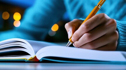 A person writes in a notebook with a pen, surrounded by a cozy, illuminated backdrop, emphasizing creativity and focus.