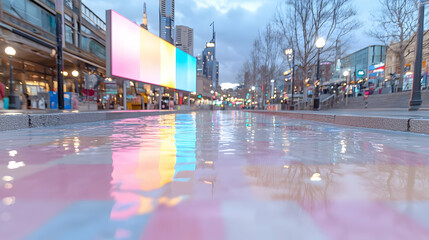 Obraz premium City street reflection, vibrant billboard, evening