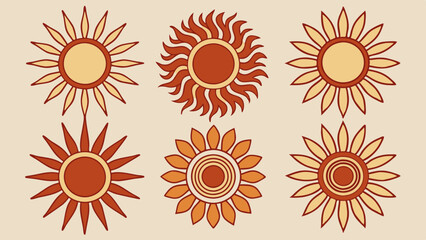 A vibrant collection of six sun illustrations featuring bold colors and dynamic shapes, perfect for warm and cheerful design themes.