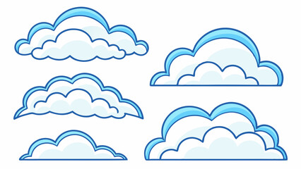 A collection of illustrated clouds in various shapes and sizes, featuring soft curves and shades of blue, creating a cheerful and whimsical atmosphere.