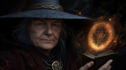 Fototapeta premium An elderly sorcerer with a gray beard and pointed hat is focused on a glowing magical symbol above an ancient book. The atmosphere is mystical and dark, enhancing the sorcerer's intense gaze