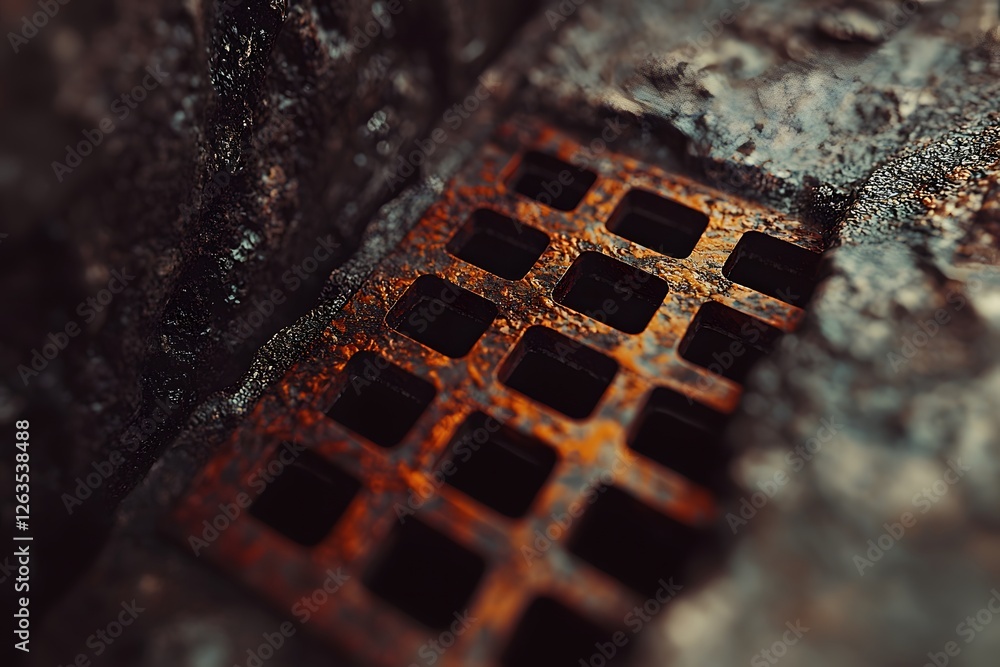 Poster rusty grate in stone: a close-up shot reveals the intricate detail of a rusty metal grate set within