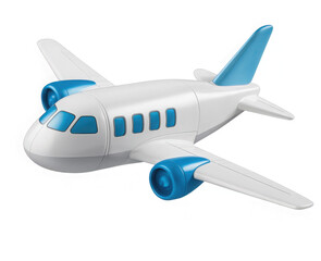 Flying plane icon. Cute, cartoon 3d realistic white airplane with blue portholes and wings, perspective view
