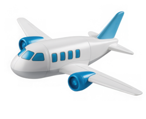 Flying plane icon. Cute, cartoon 3d realistic white airplane with blue portholes and wings, perspective view
