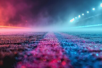 unique and colorful photo of a soccer game field covered in neon fog, with the focus on the center midfield section showcasing the textured surface.