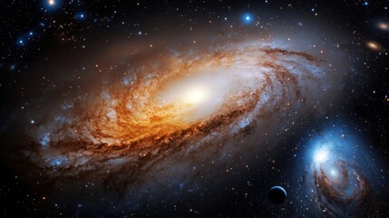 Obraz premium A magnificent galaxy swirls with orange and blue hues while bright stars illuminate the vast cosmic environment. Nearby, a smaller celestial body adds depth to the scene