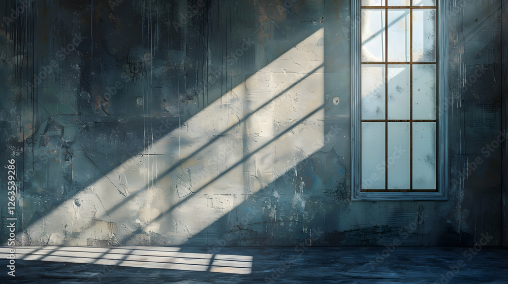 Aufkleber sunlight streaming through a dusty window in an abandoned room with textured walls and shadows