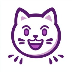 A cheerful white cat face is illustrated with a big smile, featuring purple outlines and accents. The design reflects a playful and fun character, appealing to cat lovers