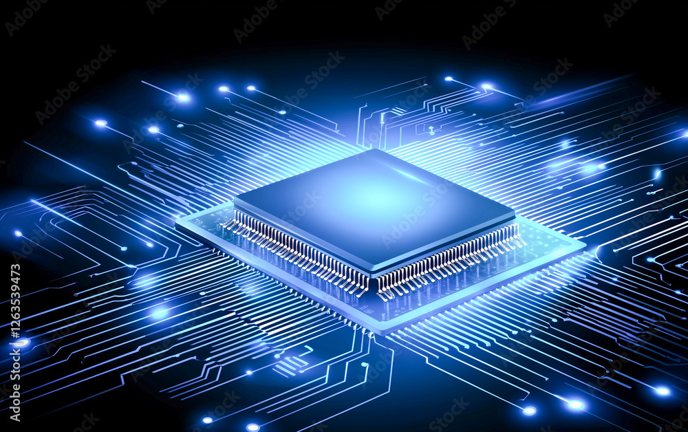 Poster futuristic microchip design with glowing circuitry