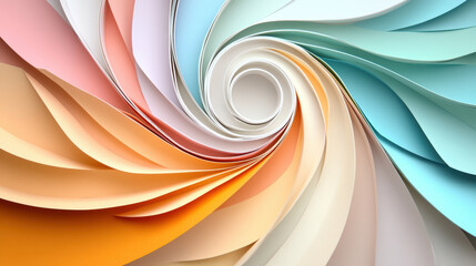 Swirling abstract paper art with layered pastel colored sheets forming spiral pattern, creating dynamic and elegant composition with soft gradients and smooth curves