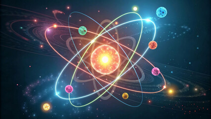 Naklejka premium Bright, colorful orbits encircle a glowing central sphere, resembling a stylized atomic structure. Various planets with vibrant hues create a sense of cosmic motion against a dark backdrop.AI