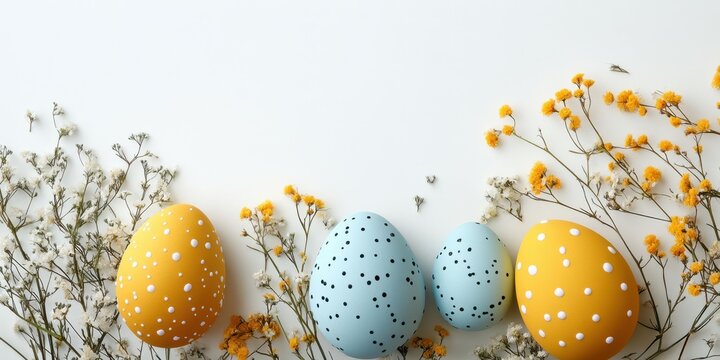 Decorative Easter eggs surrounded by wildflowers in a minimalistic setting during springtime