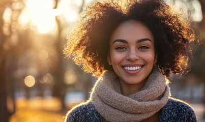 Portrait of smilling young woman running in the city park in the early morning.
