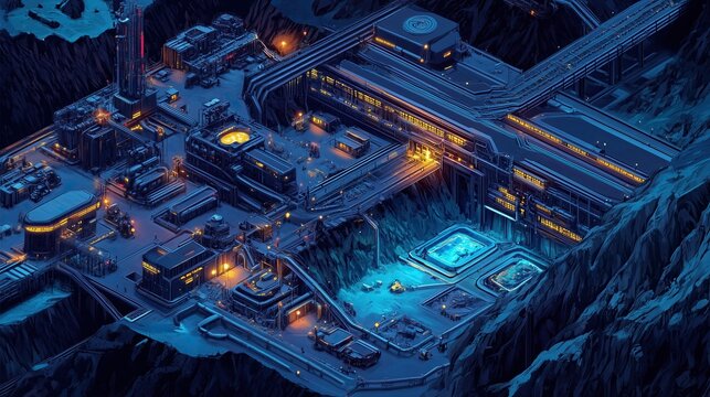 Isometric digital illustration of a sprawling rare earth mining complex