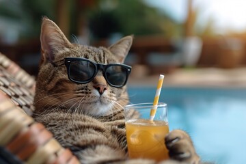 A cool tabby cat wearing sunglasses relaxes by the pool with a refreshing drink.