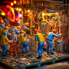 Naklejka premium Miniature Workers on a Circuit Board