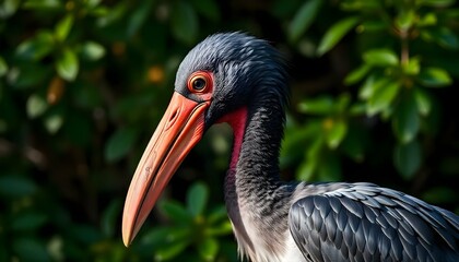 Naklejka premium Bald Ibis in profile, vivid beak and face against lush green foliage