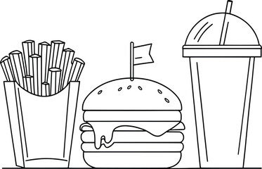 Hamburger, Soft Drink, and French Fries Fast Food Icon Vector Line Art on white background