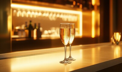 Elegant bar counter with sparkling wine glasses, illuminated by soft golden light, evoking sophistication and nightlife ambiance