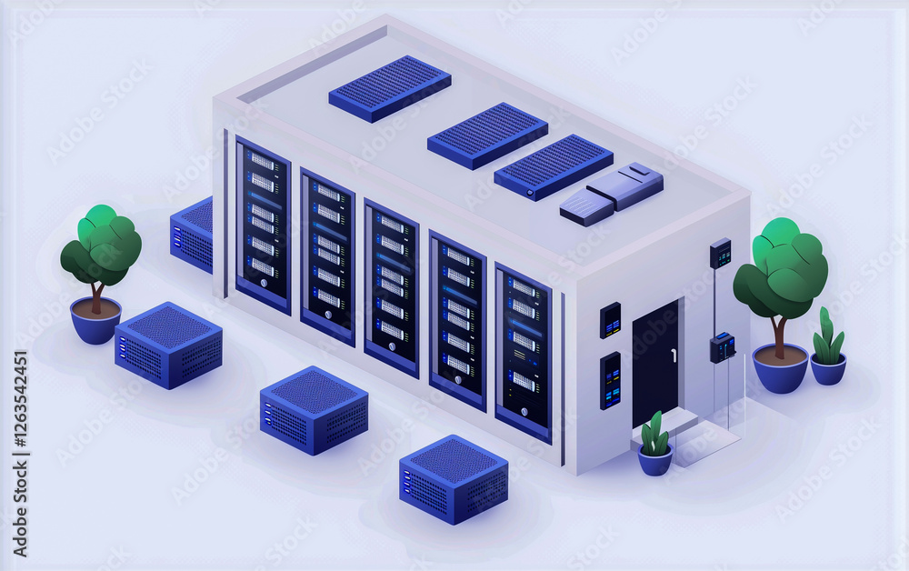 Poster modern data center with server racks and greenery