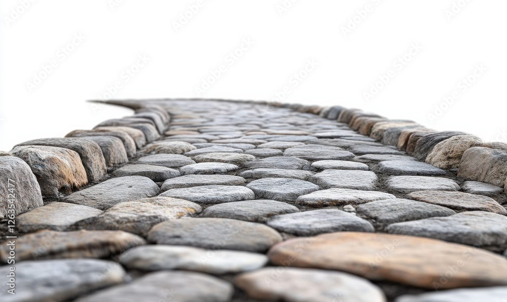 Poster the white background highlights a path paved with gray and brown stones, creating a sense of perspec