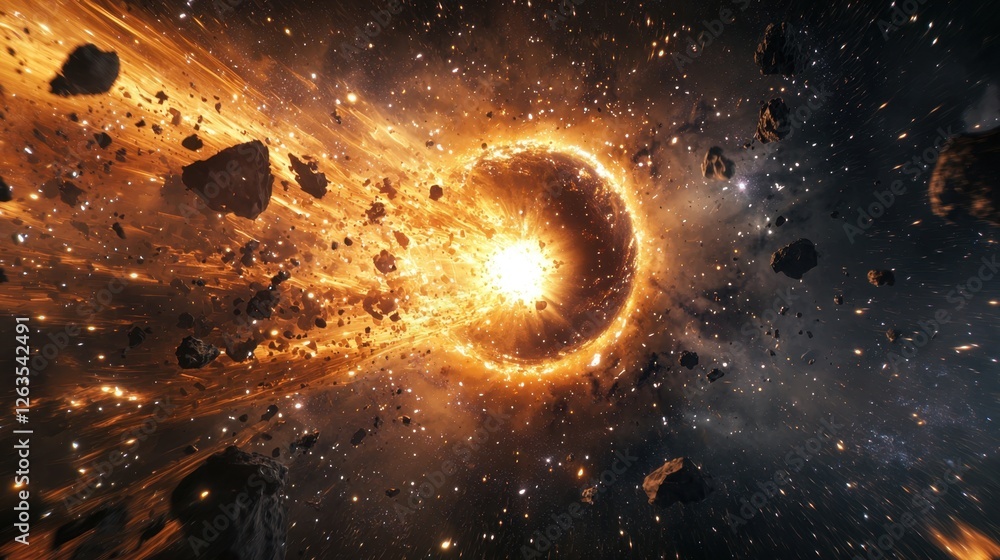 Poster a massive asteroid impacts a planetary surface, resulting in a brilliant explosion that sends fiery 